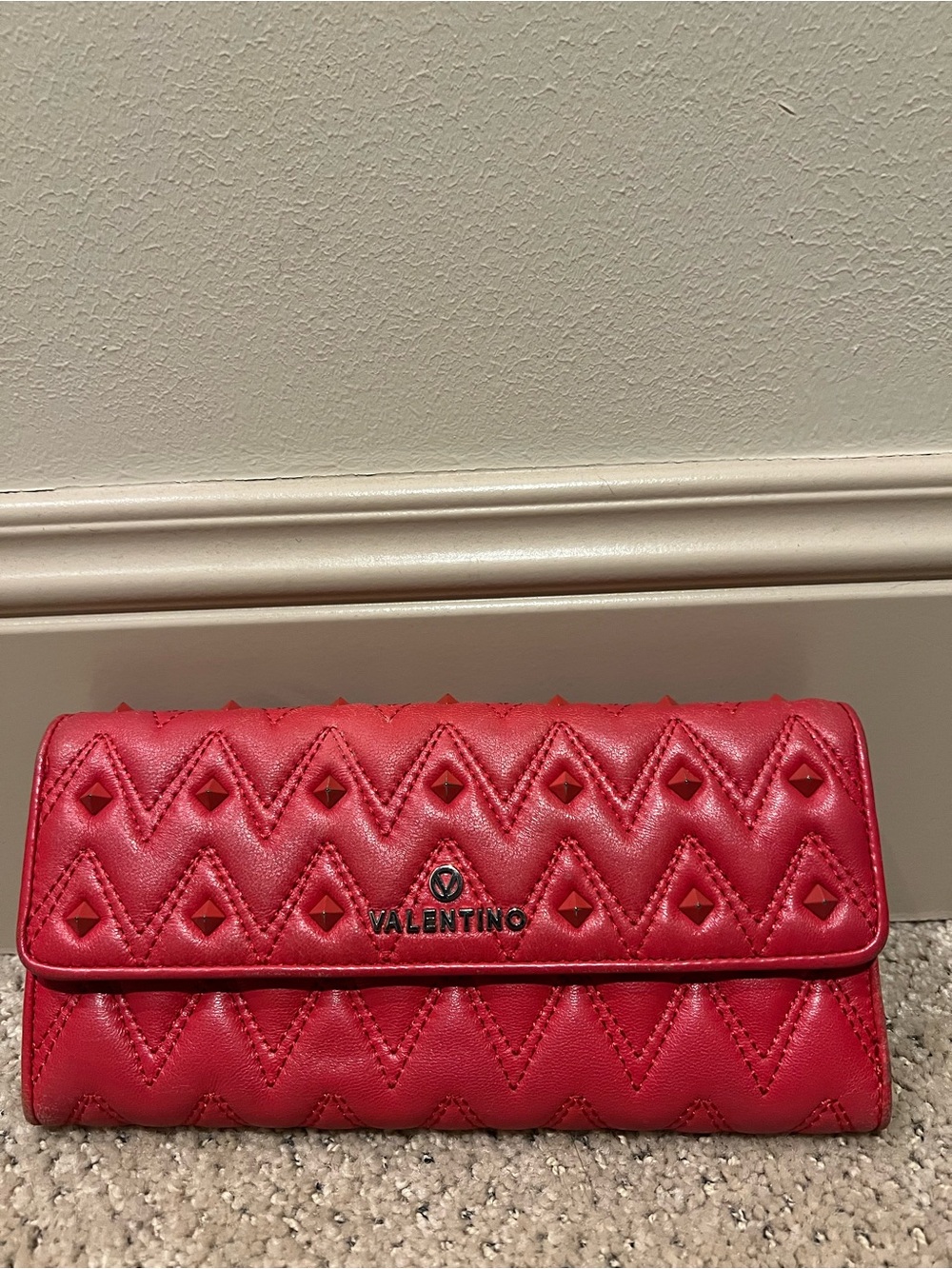 Mario Valentino Red Quilted Studded Wallet